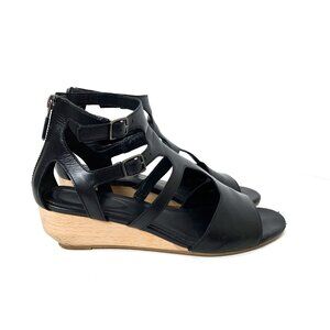 Eileen Fisher Black Leather Cutout Wedge Sandals with Wood-Tone Heel